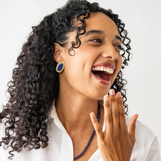 Daphne Oval Stone Lapis Post Earrings Framed In Brass Stud