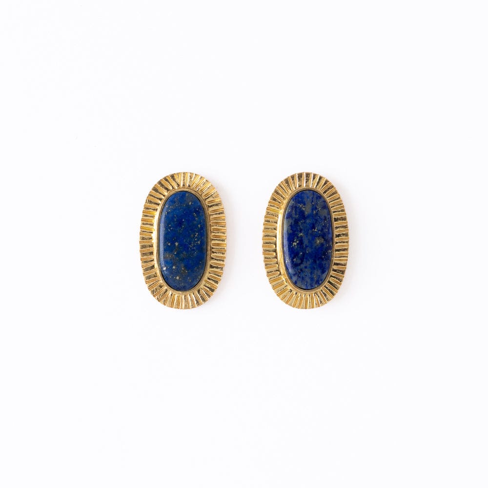 Daphne Oval Stone Lapis Post Earrings Framed In Brass Stud