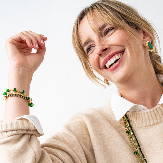 Daphne Oval Synthetic Malachite Stone Post Earrings Framed In Brass Stud