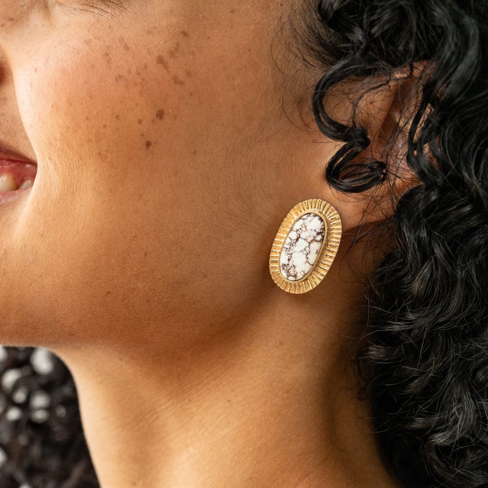 Daphne Oval Wild Horse Jasper Stone Post Earrings Framed In Brass Stud