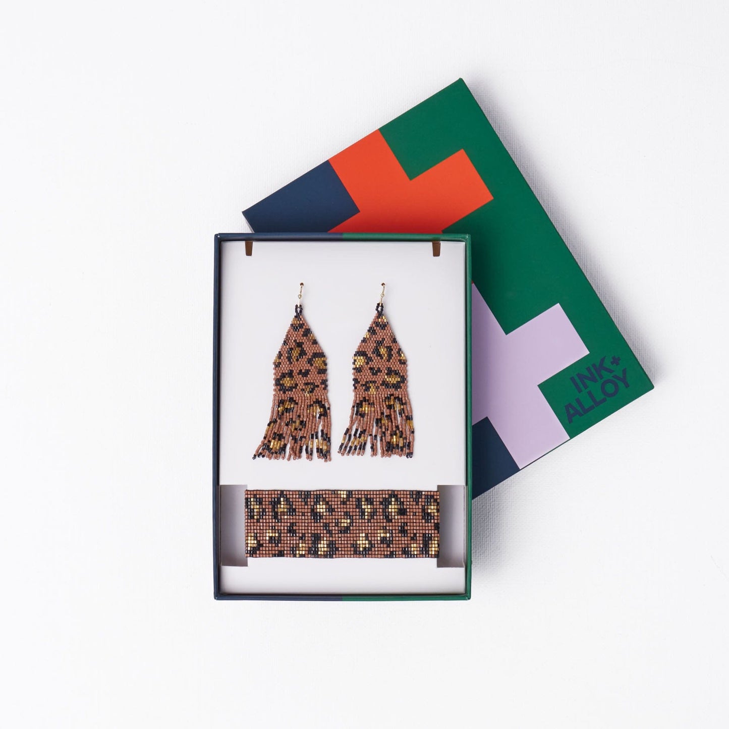 Delilah + Brooklyn Beaded Earrings And Bracelet Set Cheetah Print Mocha Gift Set