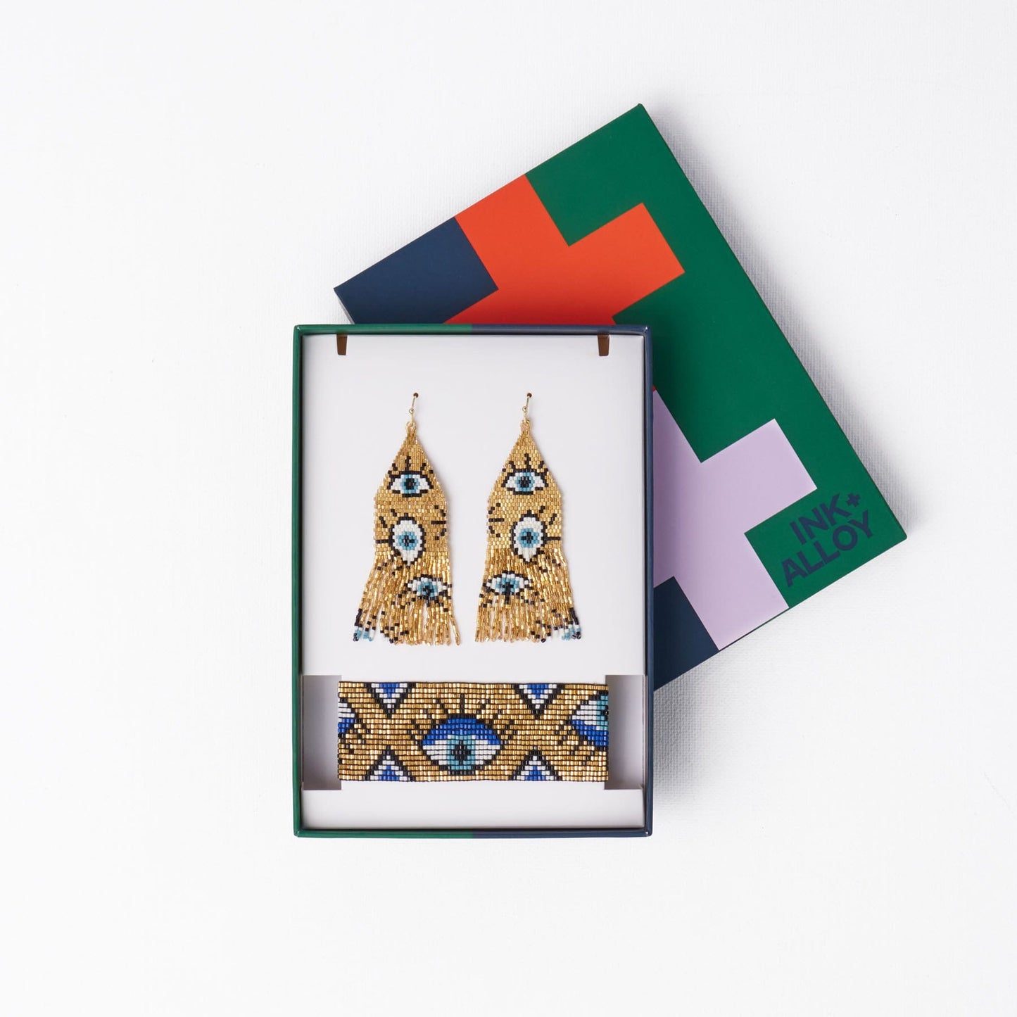 Delilah + Brooklyn Beaded Earrings And Bracelet Set Eye Print Gold Gift Set