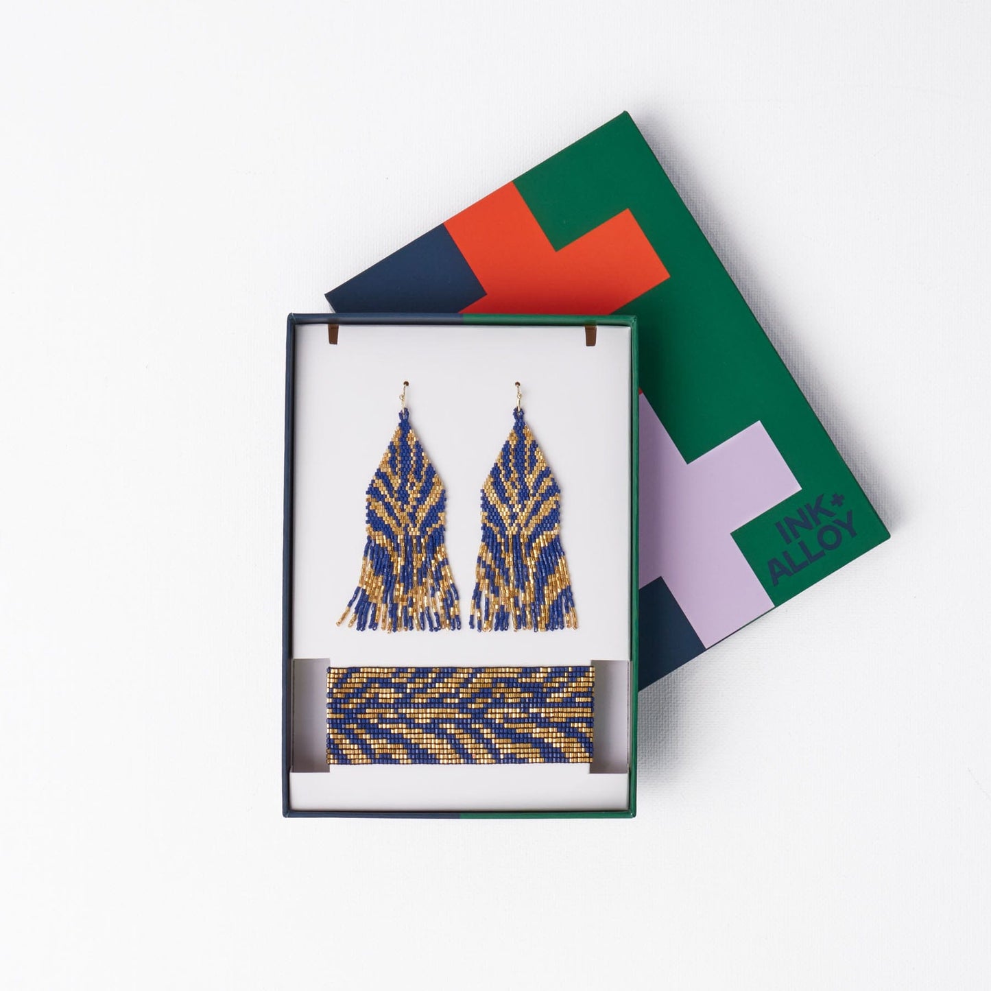 Delilah + Brooklyn Beaded Earrings And Bracelet Set Tiger Print Navy Gift Set