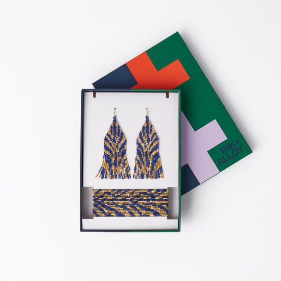 Delilah + Brooklyn Beaded Earrings And Bracelet Set Tiger Print Navy Gift Set