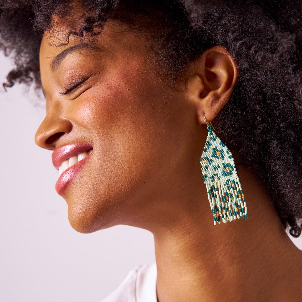Delilah Cheetah Print Beaded Fringe Earrings Green + Gold Fringe