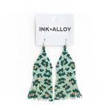 Delilah Cheetah Print Beaded Fringe Earrings Green + Gold Fringe