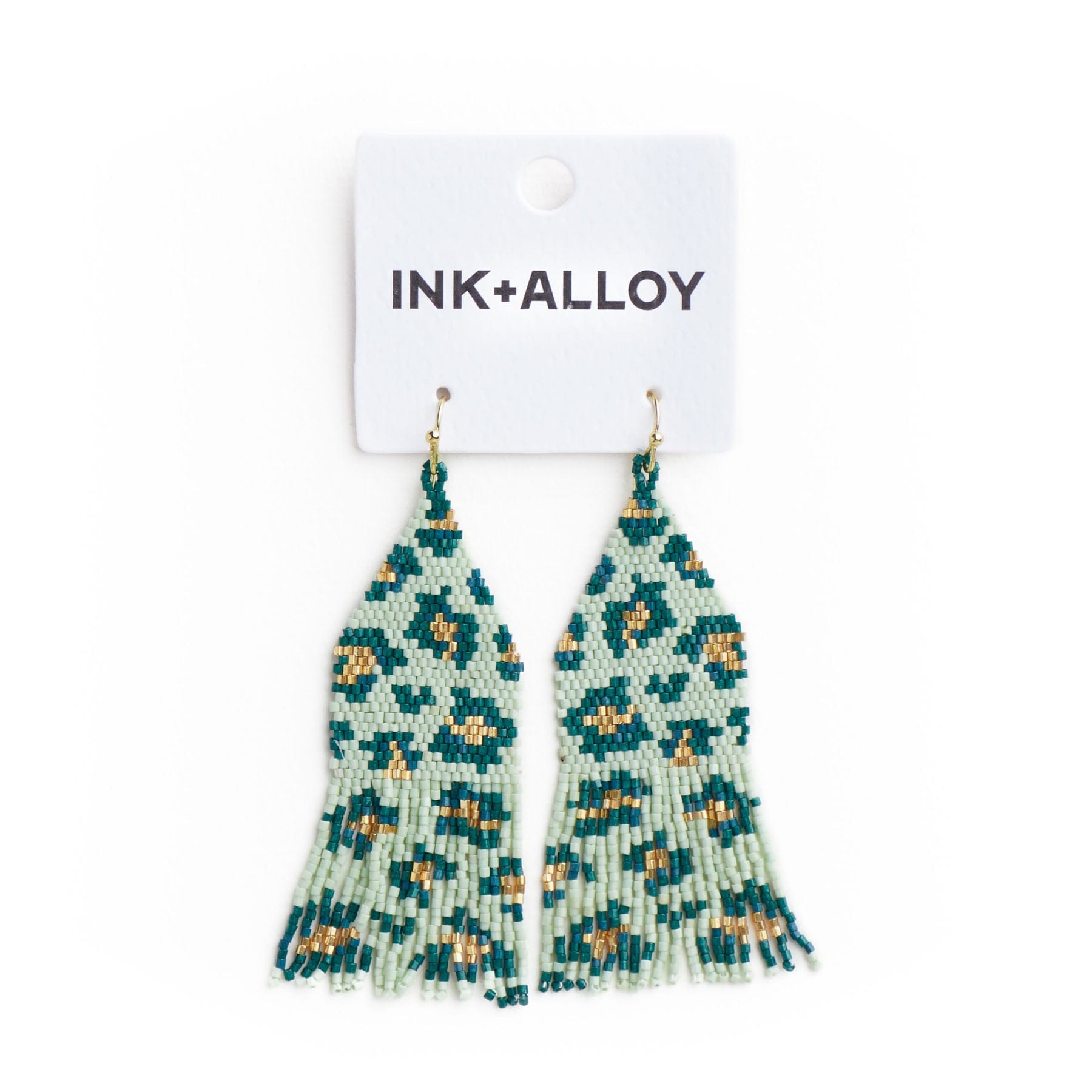 Delilah Cheetah Print Beaded Fringe Earrings Green + Gold Fringe