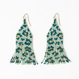 Delilah Cheetah Print Beaded Fringe Earrings Green + Gold Fringe