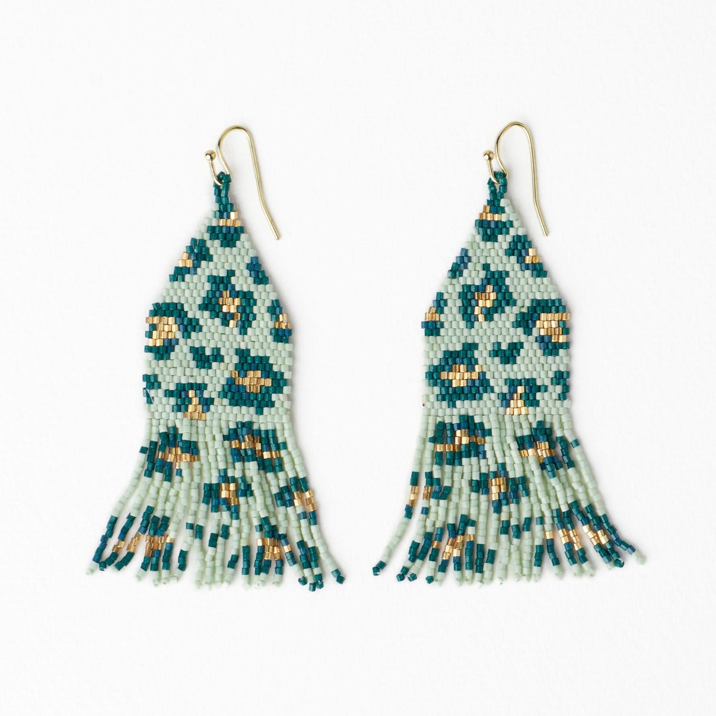 Delilah Cheetah Print Beaded Fringe Earrings Green + Gold Fringe