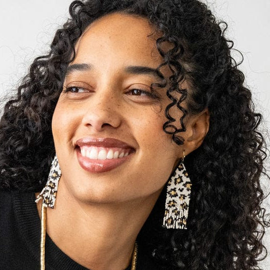 Delilah Cheetah Print Beaded Fringe Earrings Ivory, Black, + Gold Fringe