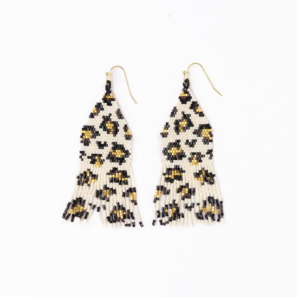 Delilah Cheetah Print Beaded Fringe Earrings Ivory, Black, + Gold Fringe