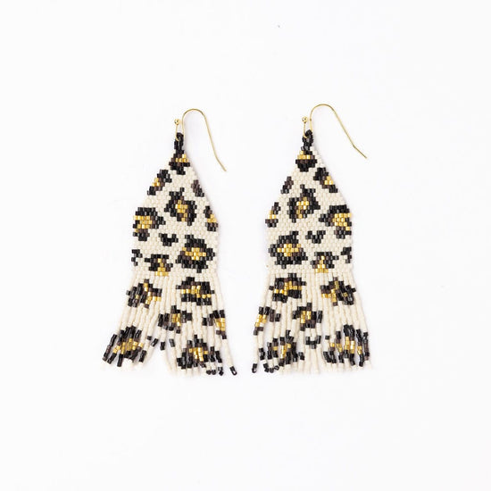 Delilah Cheetah Print Beaded Fringe Earrings Ivory, Black, + Gold Fringe
