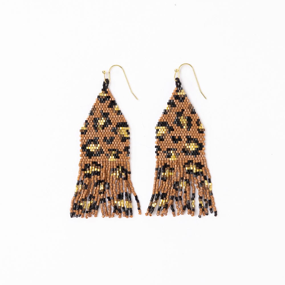 Delilah Cheetah Print Beaded Fringe Earrings Mocha, Black, + Gold Fringe