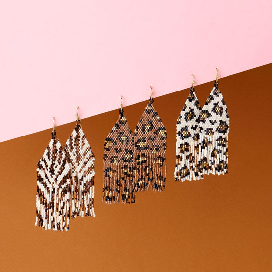 Delilah Cheetah Print Beaded Fringe Earrings Mocha, Black, + Gold Fringe