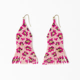 Delilah Cheetah Print Beaded Fringe Earrings Pink + Gold Fringe