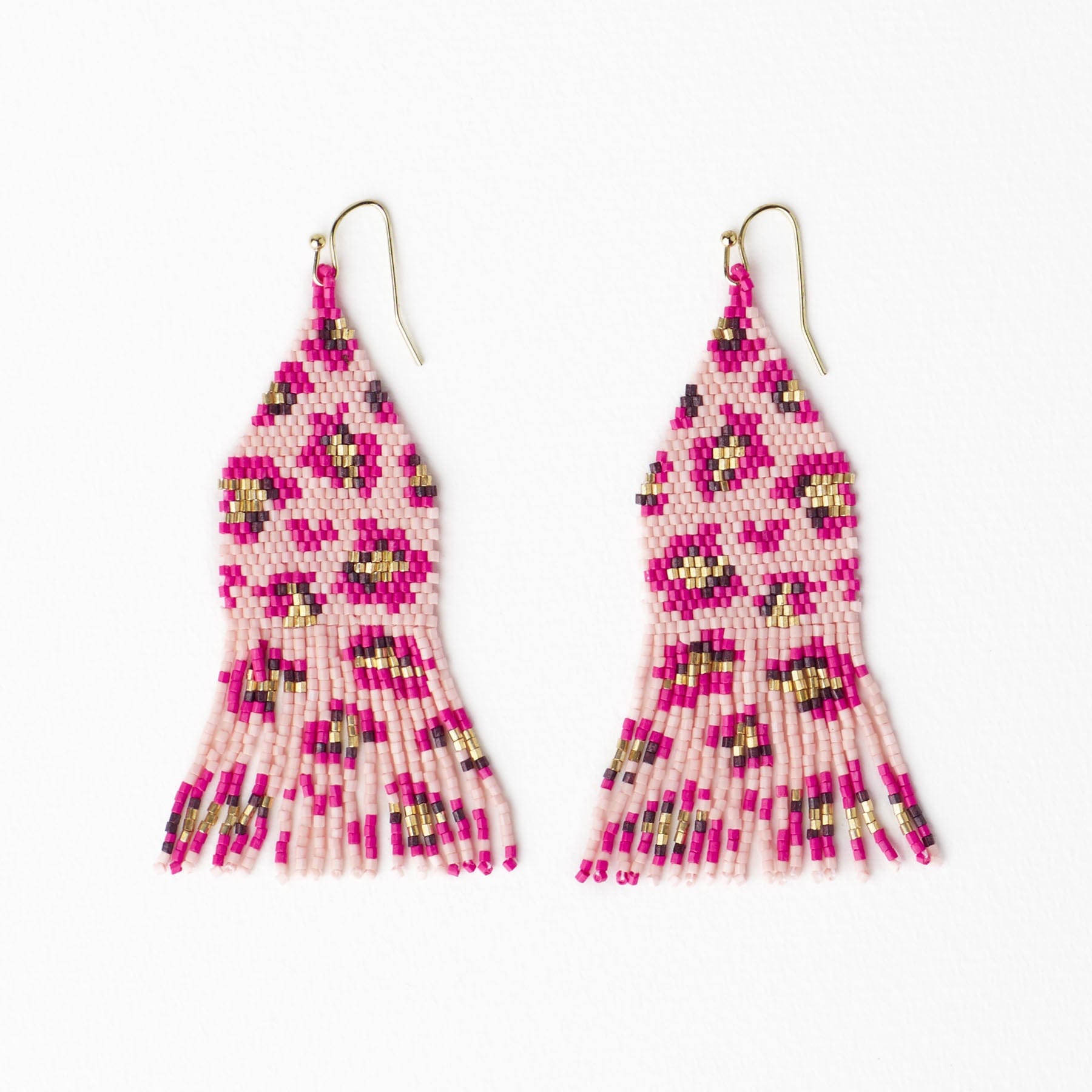 Delilah Cheetah Print Beaded Fringe Earrings Pink + Gold Fringe
