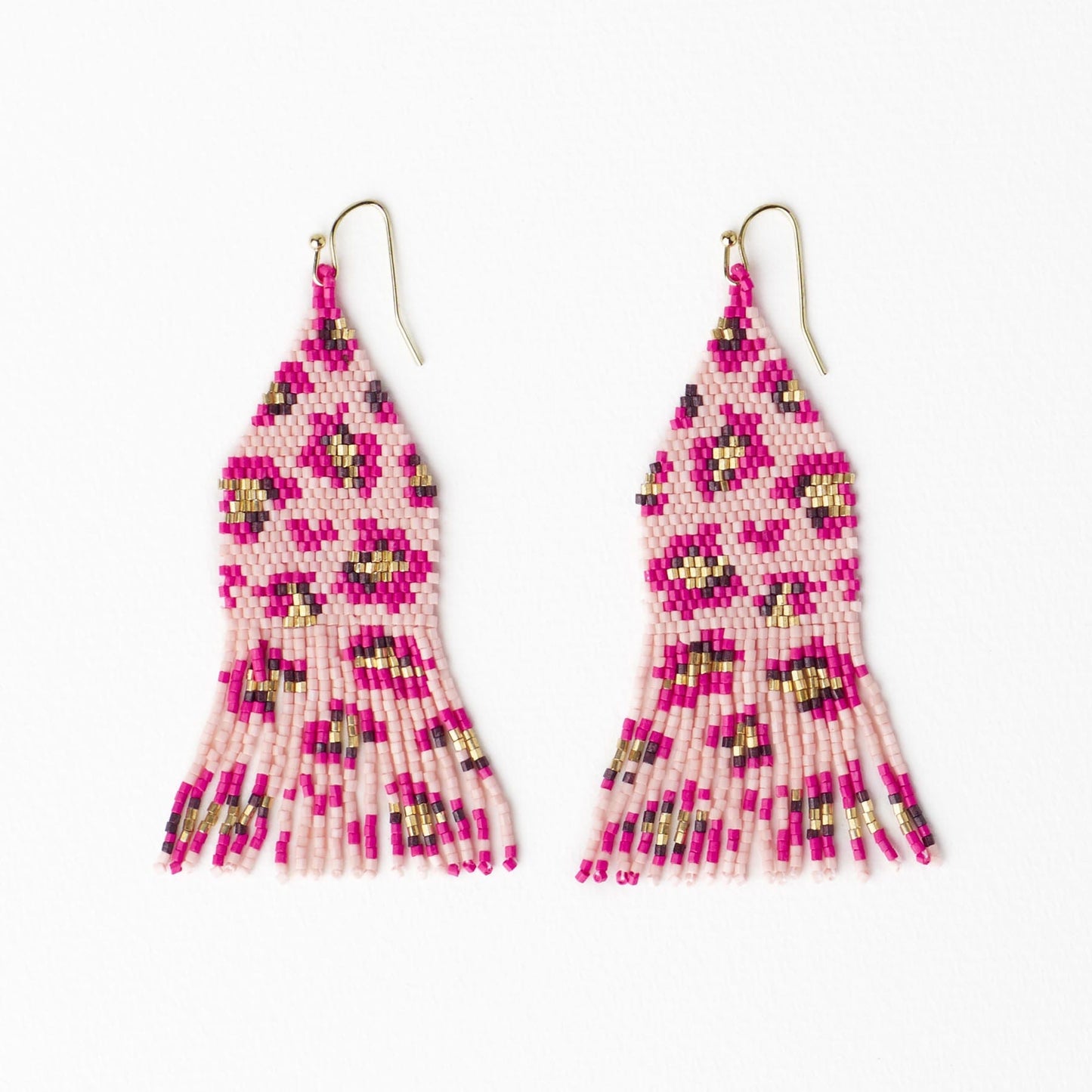 Delilah Cheetah Print Beaded Fringe Earrings Pink + Gold Fringe