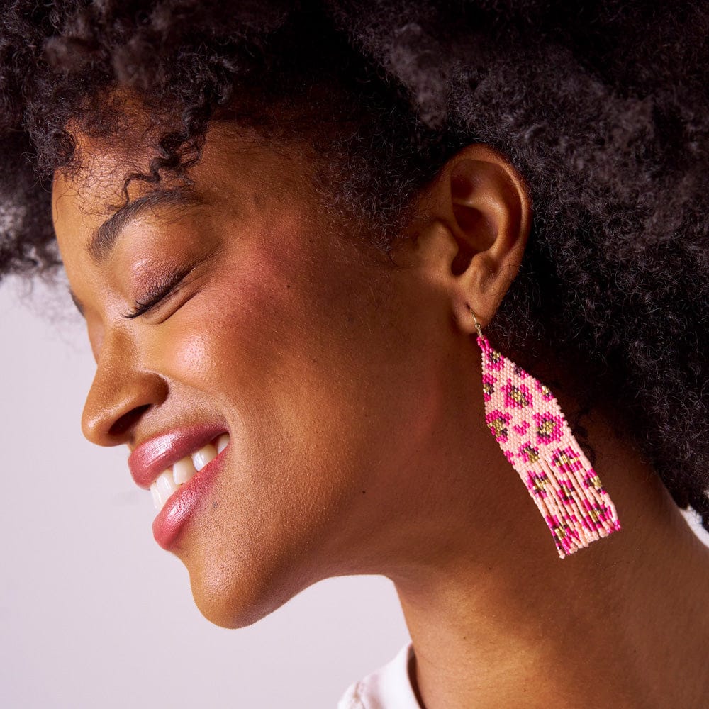 Delilah Cheetah Print Beaded Fringe Earrings Pink + Gold Fringe