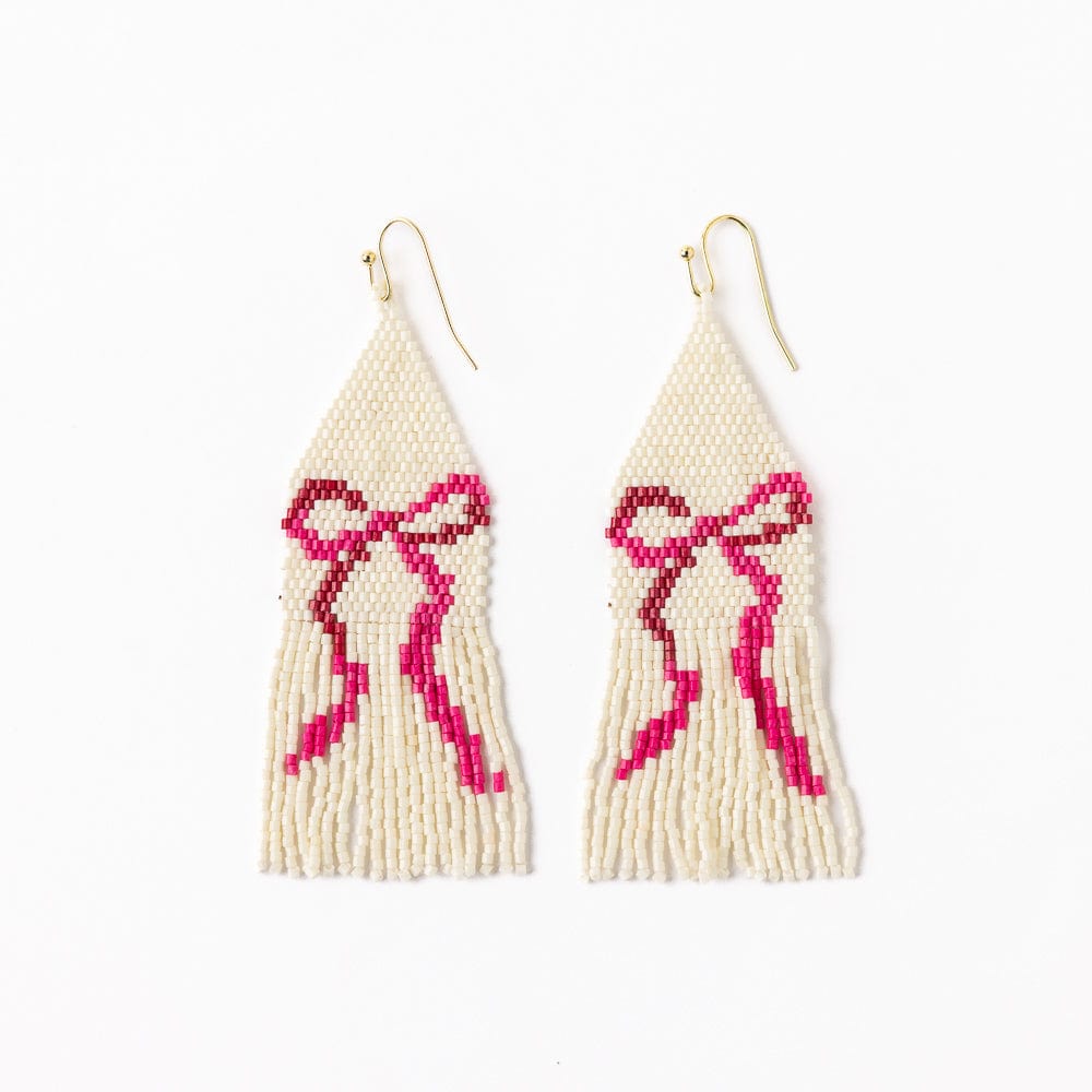 Delilah Pink Bow Beaded Fringe Earrings Ivory Fringe