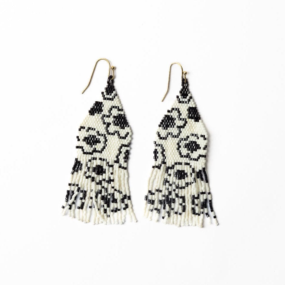 Delilah Poppies Beaded Fringe Earrings Ivory/Black Fringe
