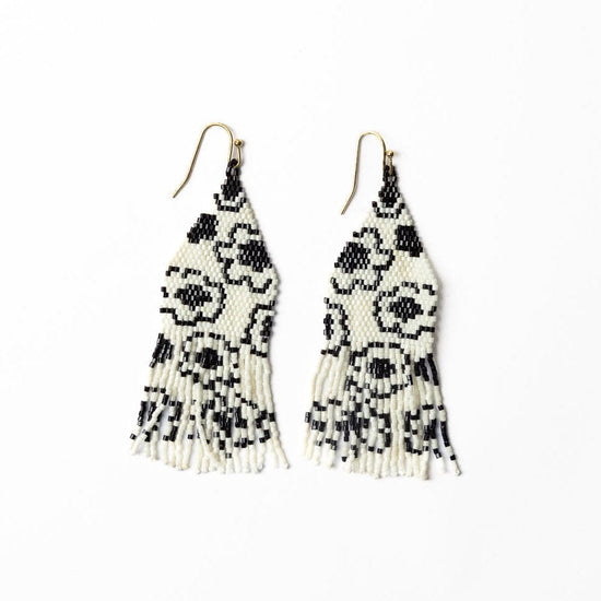 Delilah Poppies Beaded Fringe Earrings Ivory/Black Fringe