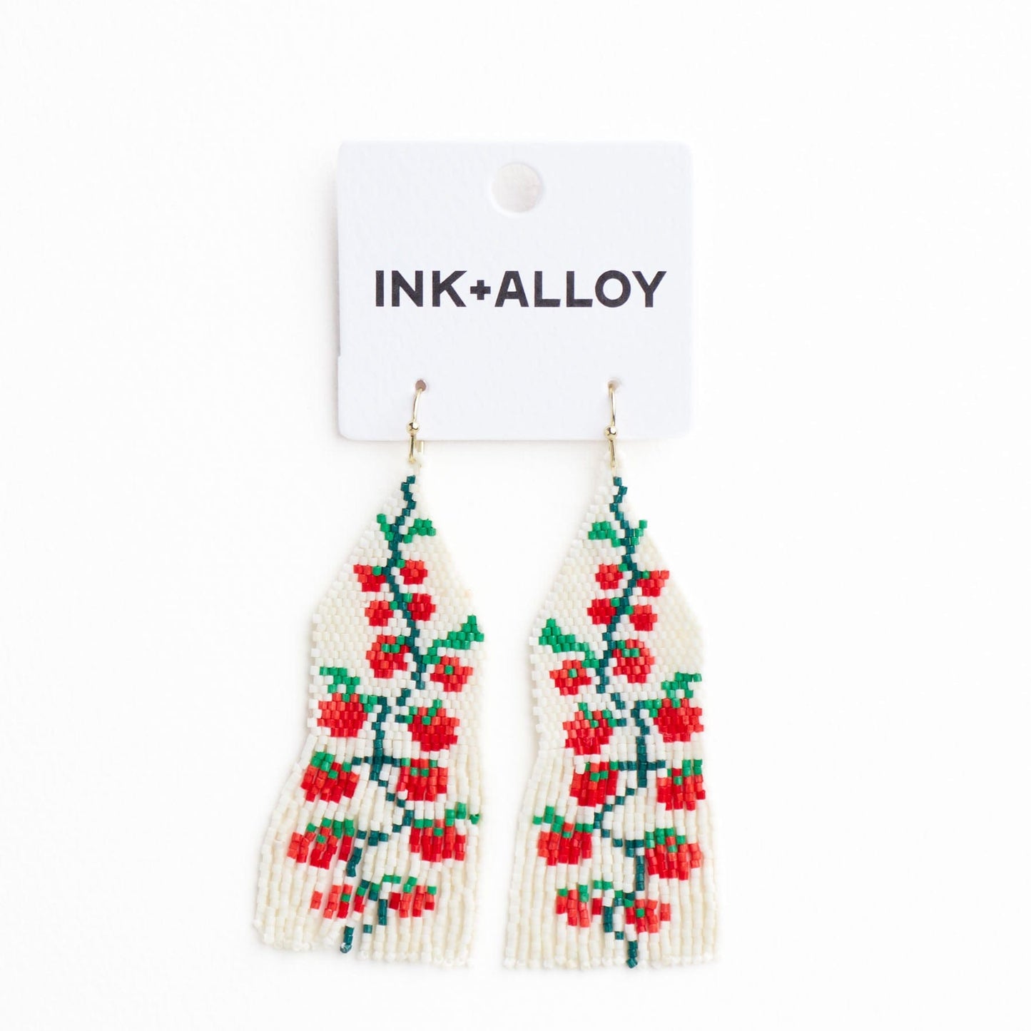 Delilah Tomato Beaded Fringe Earrings Red + Green Fringe