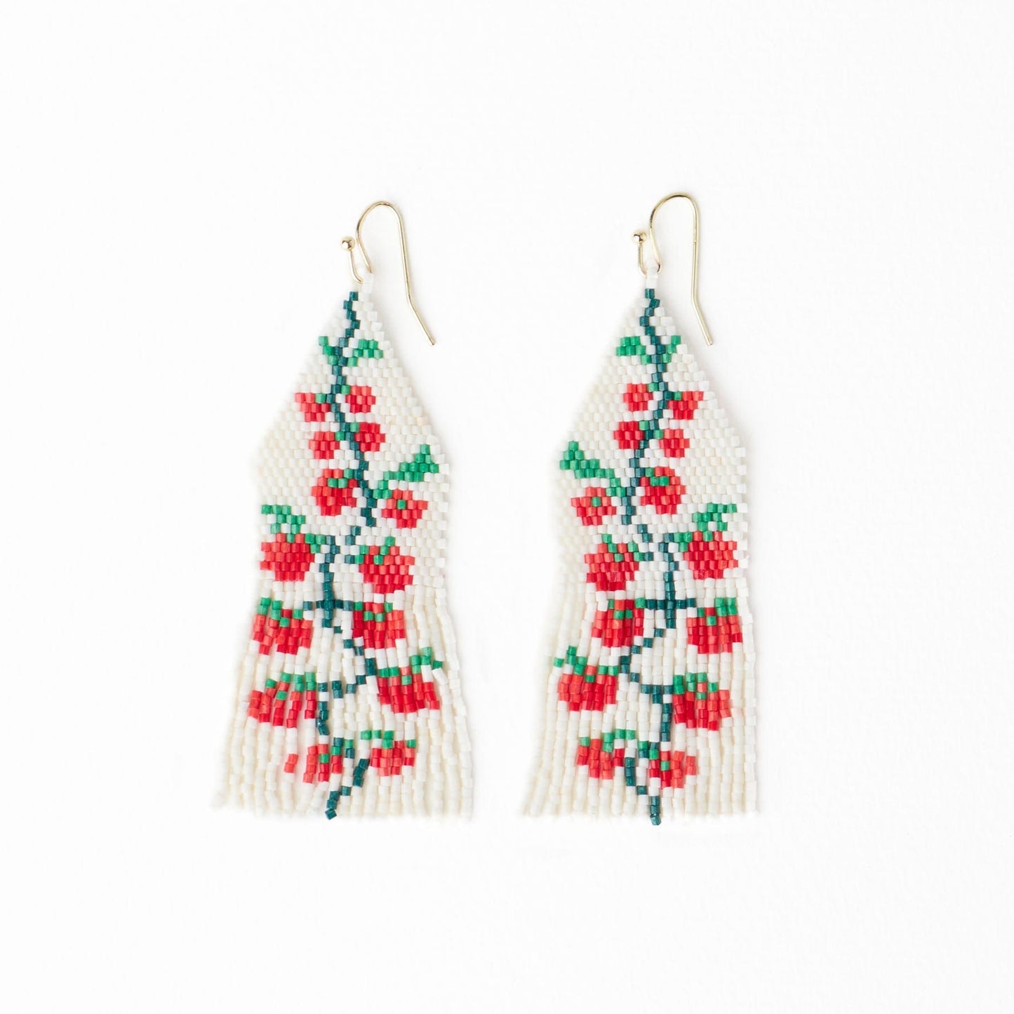 Delilah Tomato Beaded Fringe Earrings Red + Green Fringe