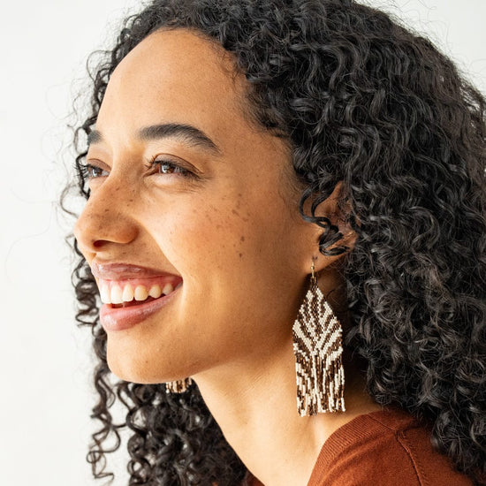 Delilah Zebra Print Beaded Fringe Earrings Bronze + Ivory Fringe