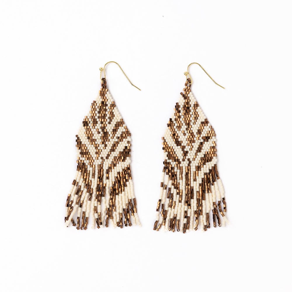 Delilah Zebra Print Beaded Fringe Earrings Bronze + Ivory Fringe