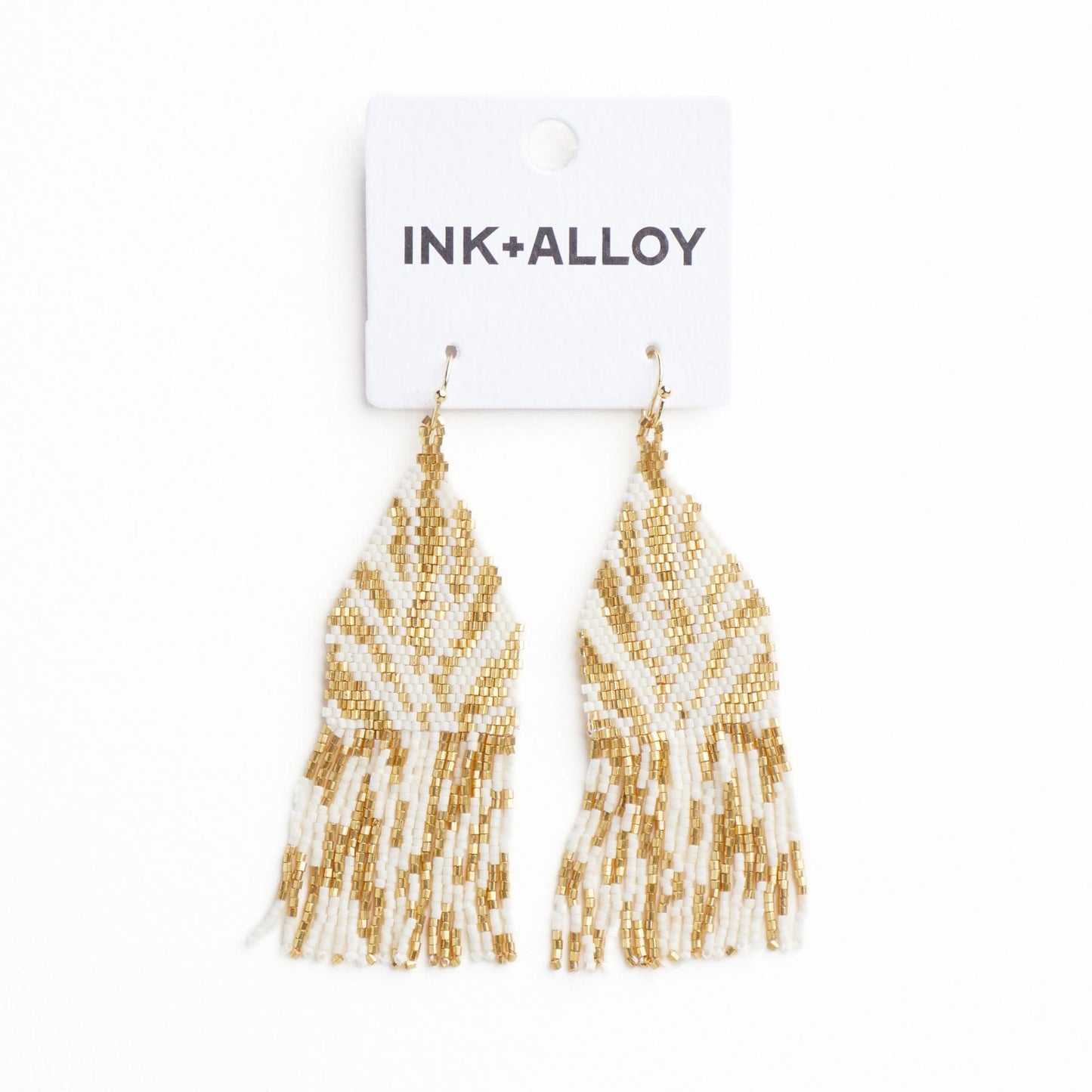 Delilah Zebra Print Beaded Fringe Earrings Ivory + Gold Fringe
