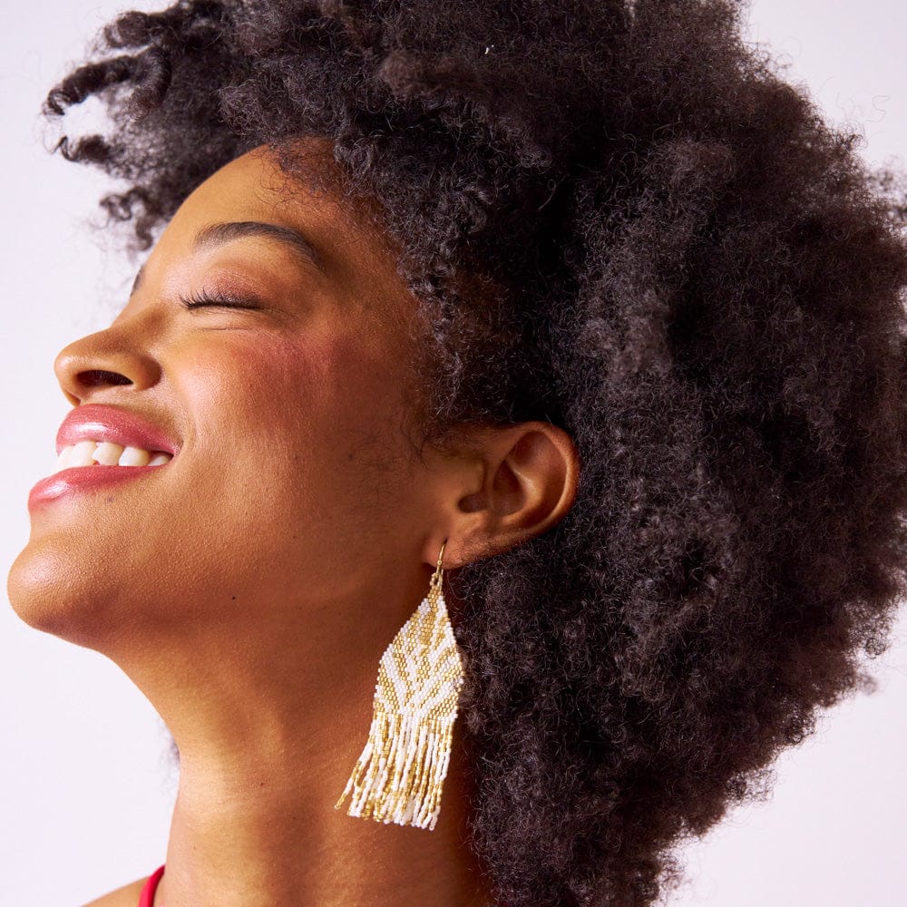 Delilah Zebra Print Beaded Fringe Earrings Ivory + Gold Fringe