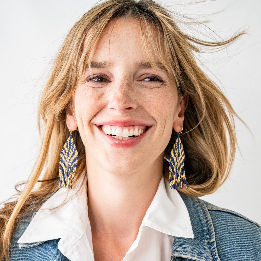 Delilah Zebra Print Beaded Fringe Earrings Navy + Gold Fringe