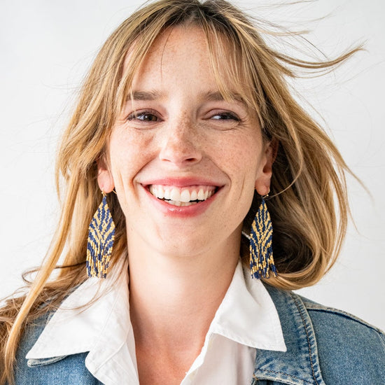 Delilah Zebra Print Beaded Fringe Earrings Navy + Gold Fringe