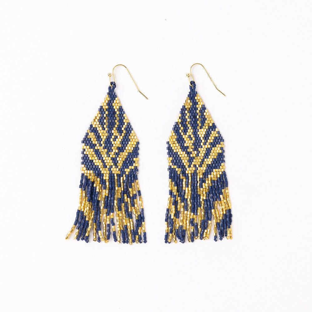 Delilah Zebra Print Beaded Fringe Earrings Navy + Gold Fringe
