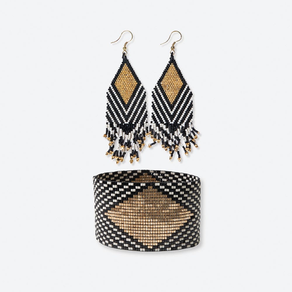 Dottie + Brooklyn diamond and angles beaded earrings and bracelet set Black/White gift set