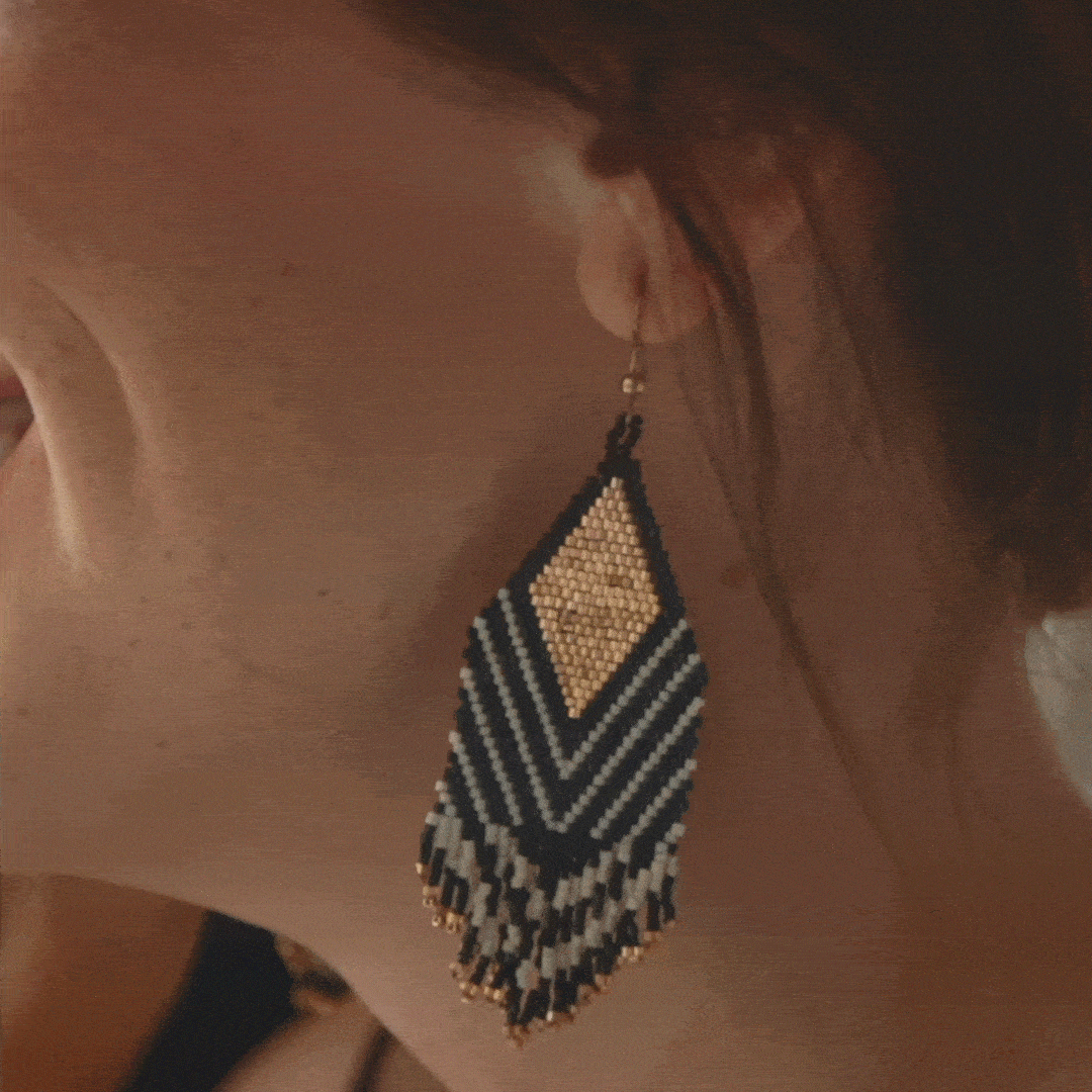 Load image into Gallery viewer, Dottie Diamond Angle Beaded Fringe Earrings Black Earrings
