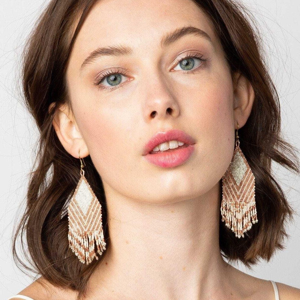 Dottie Diamond Angle Beaded Fringe Earrings Rose Gold Earrings