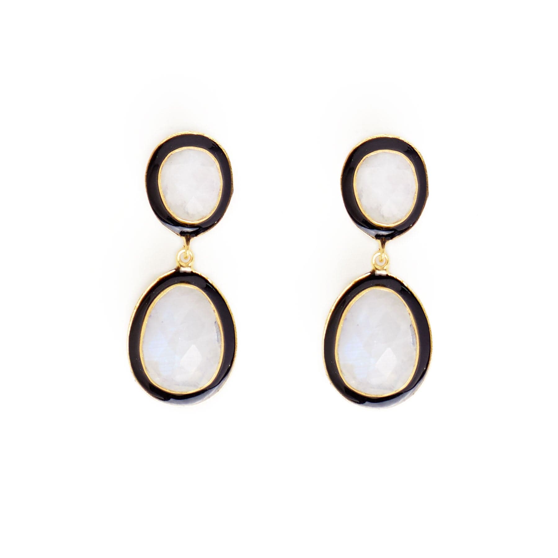 Elaine Semi-Precious Stone + Enamel Drop Earrings Black + Rainbow Moonstone Drop