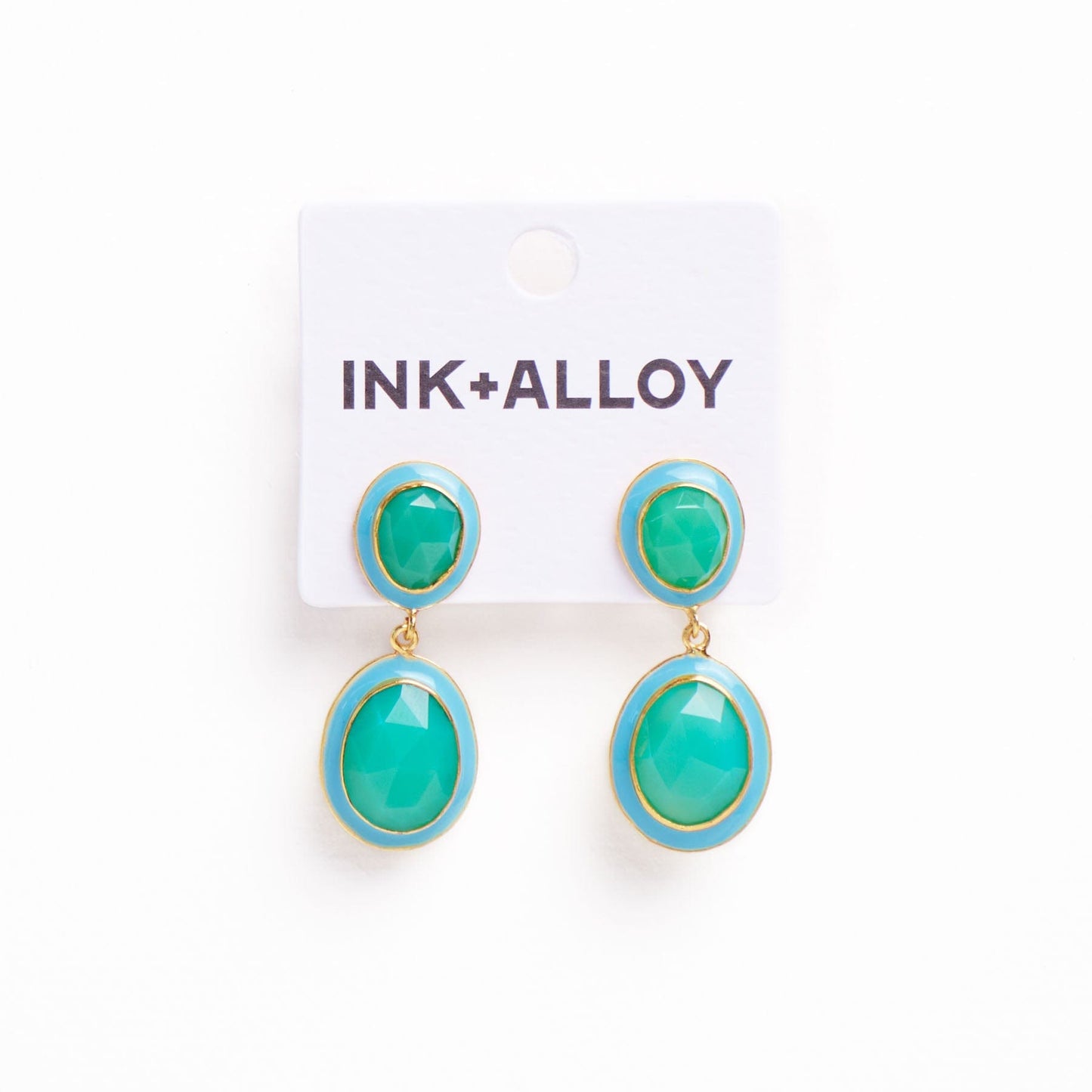 Elaine Semi-Precious Stone + Enamel Drop Earrings Blue + Green Onyx Drop