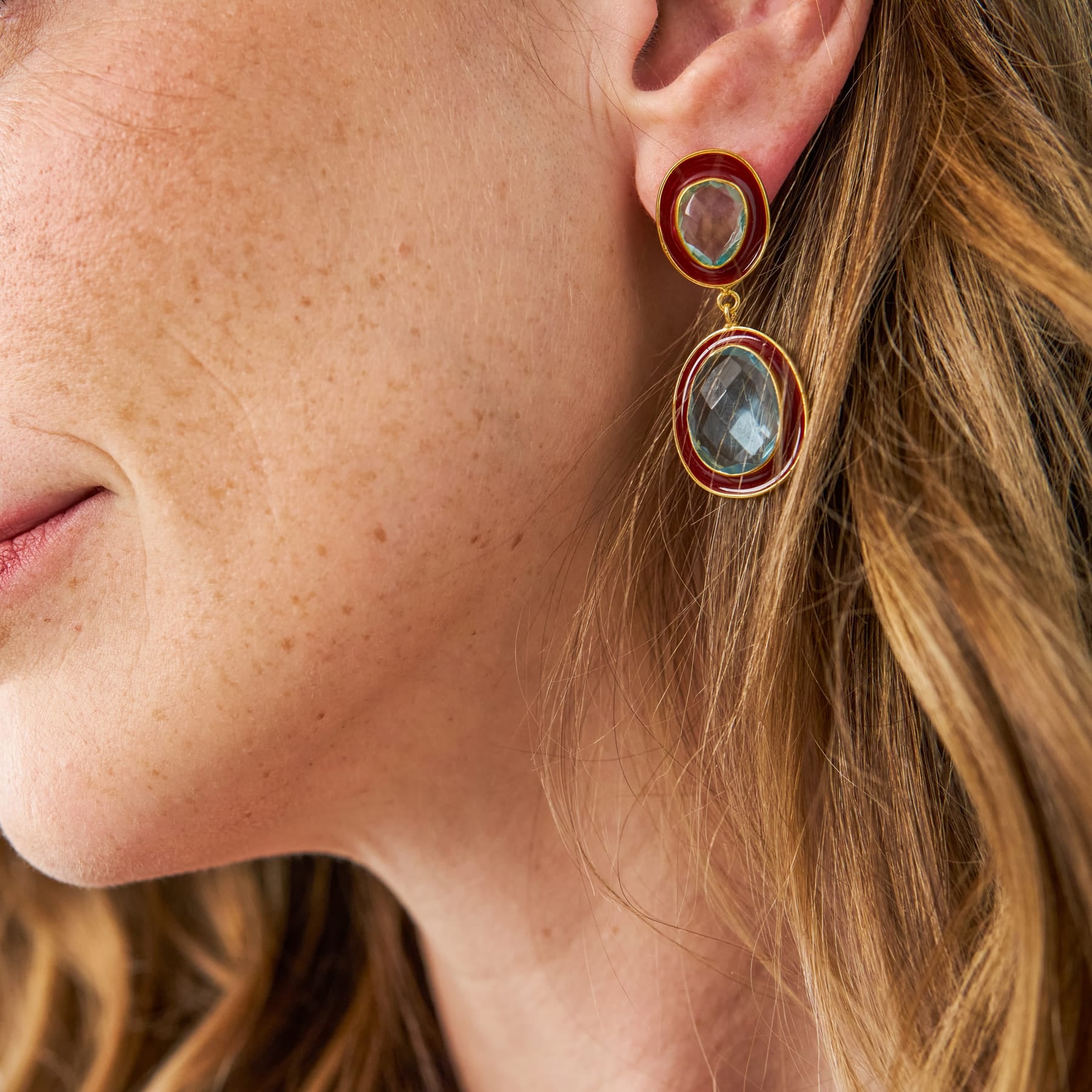 Elaine Semi-Precious Stone + Enamel Drop Earrings Maroon + Light Blue Drop