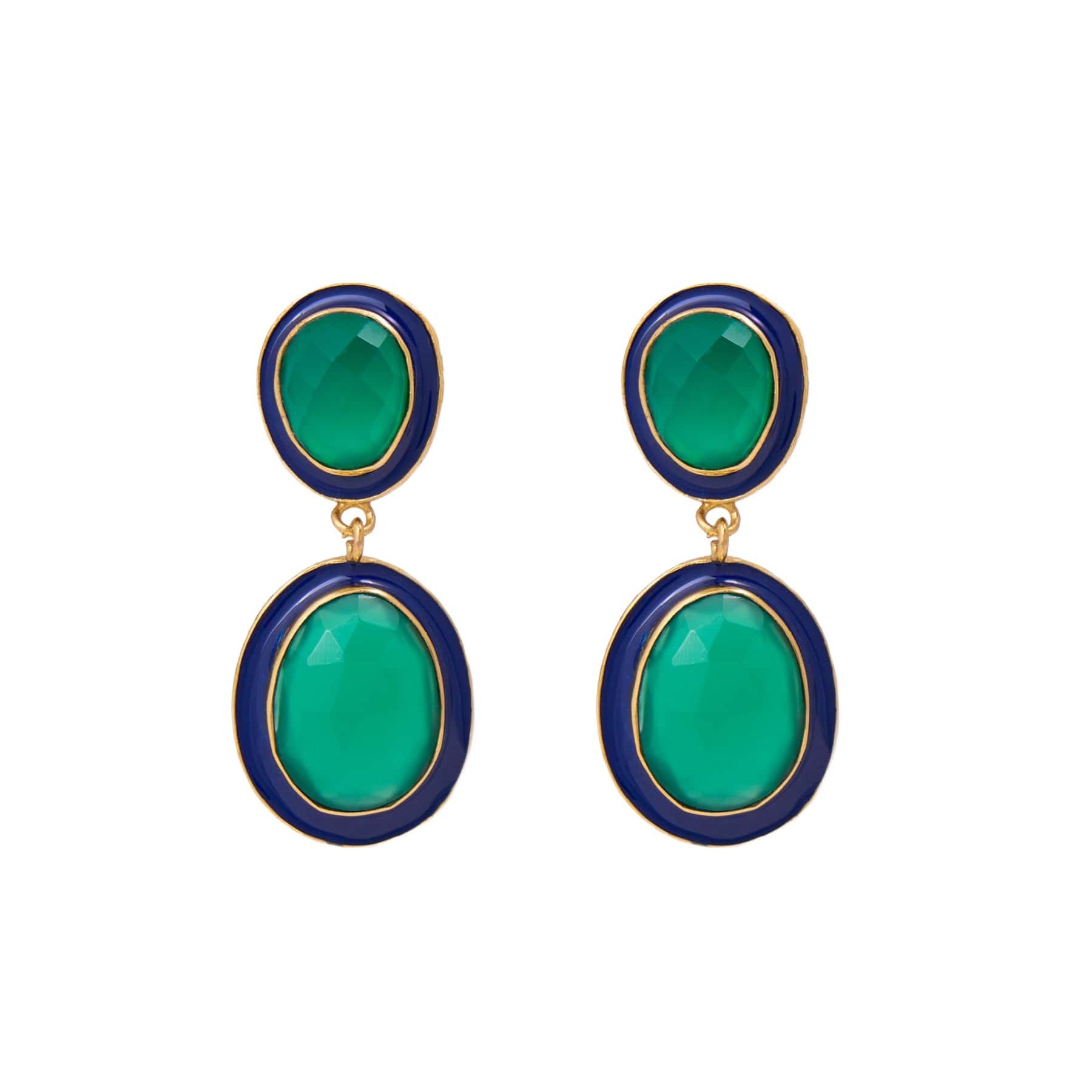 Elaine Semi-Precious Stone + Enamel Drop Earrings Navy + Green Drop
