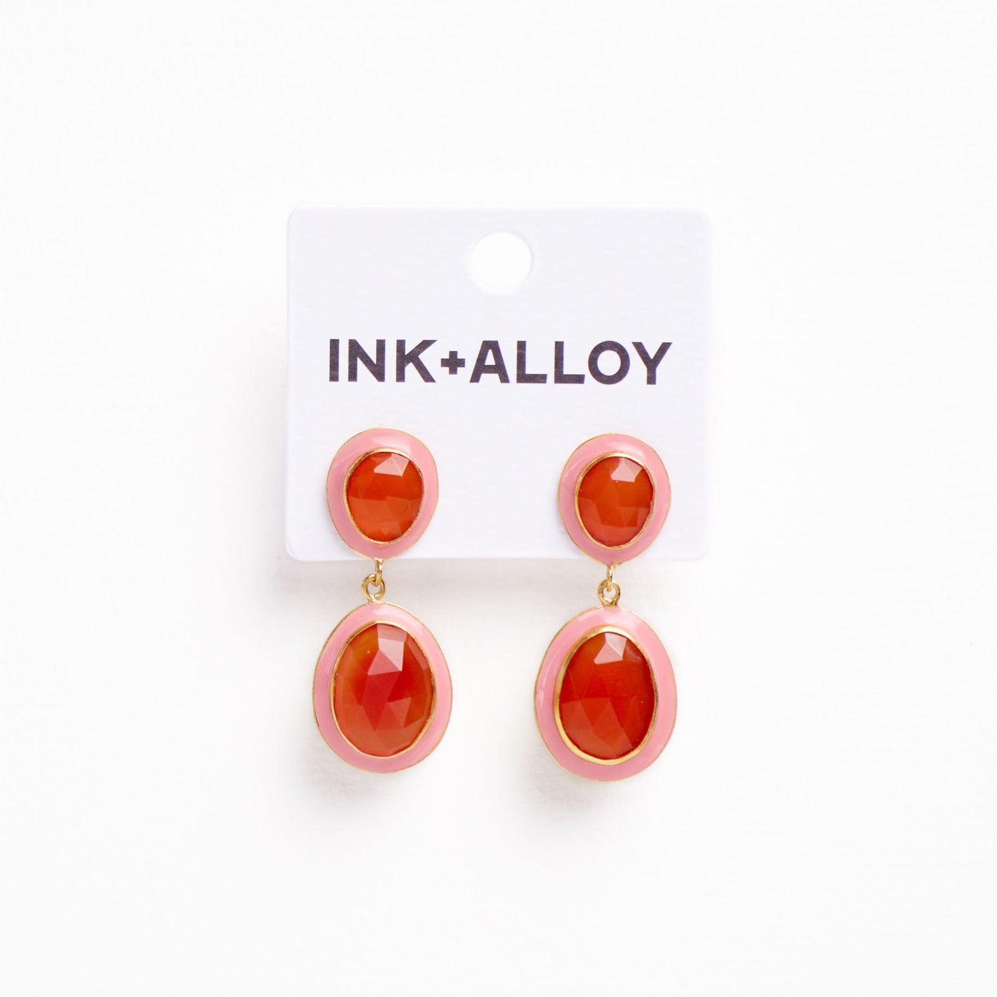 Elaine Semi-Precious Stone + Enamel Drop Earrings Pink + Carnelian Drop