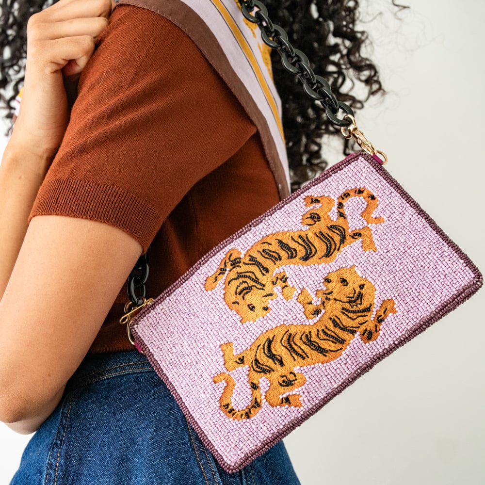 Elenor Embroidered Tiger Beaded Bag Purple Clutch
