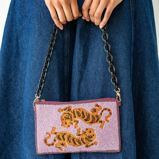 Elenor Embroidered Tiger Beaded Bag Purple Clutch