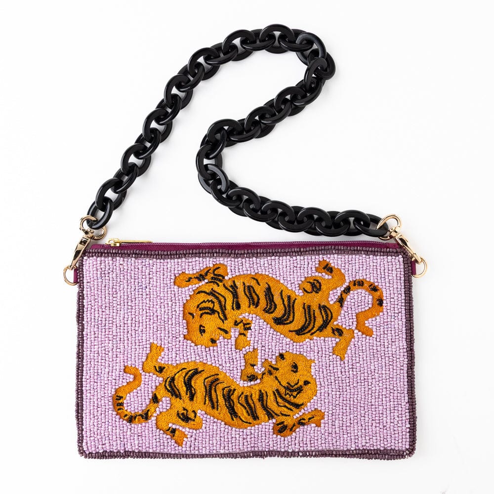 Elenor Embroidered Tiger Beaded Bag Purple Clutch
