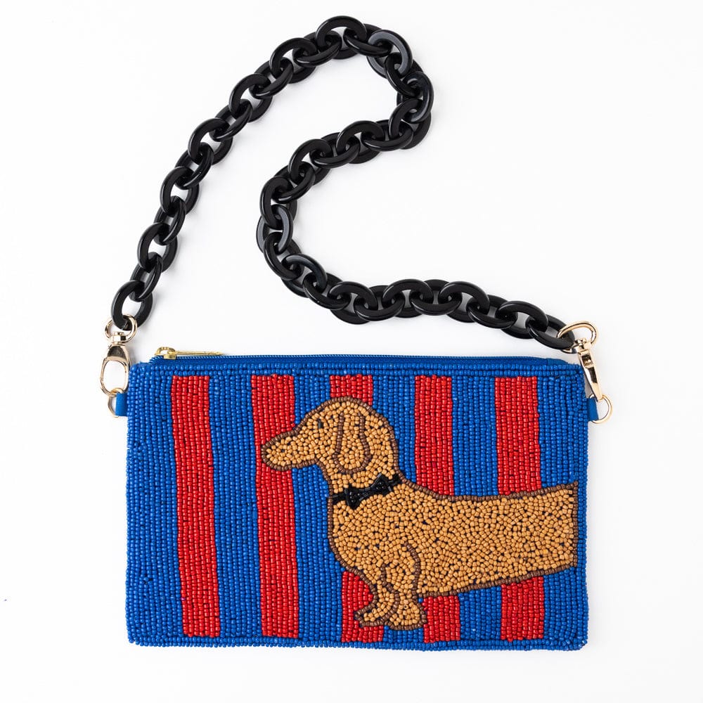 Elenor Striped Beaded Dachshund Bag Red + Blue Clutch