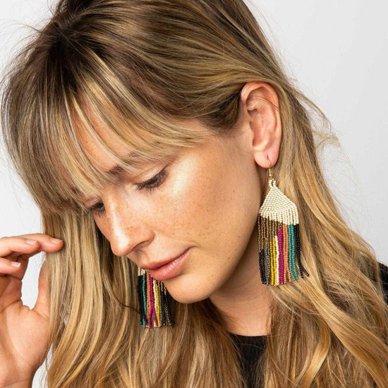 Elise Angle with Stripes Beaded Fringe Earrings Muted Rainbow Earrings