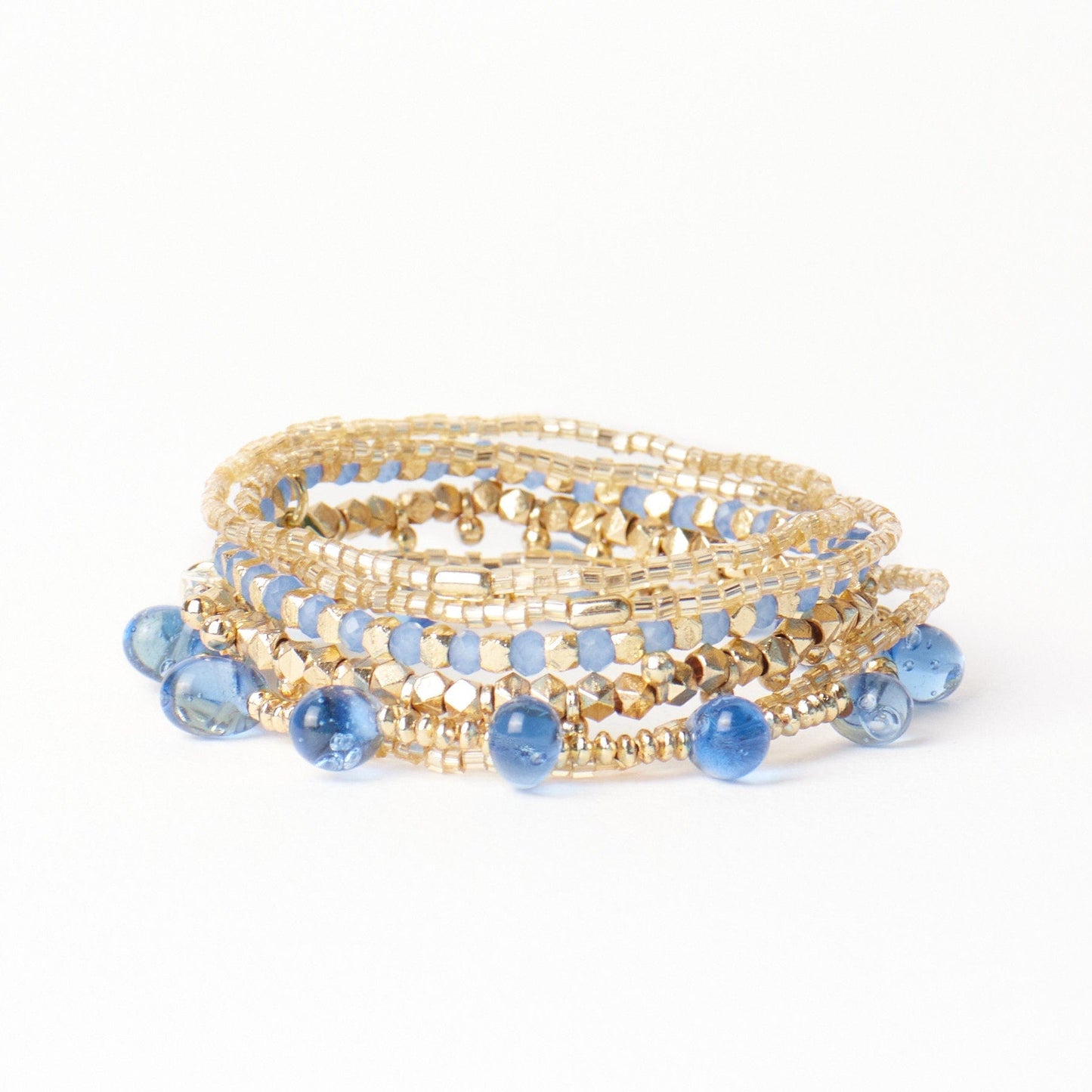 Ella Stack of 6 Stretch Bracelets Blue + Gold Bracelet