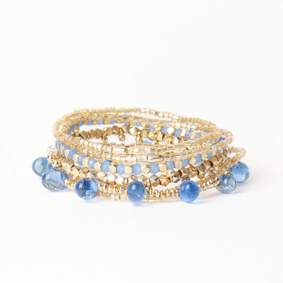 Ella Stack of 6 Stretch Bracelets Blue + Gold Bracelet