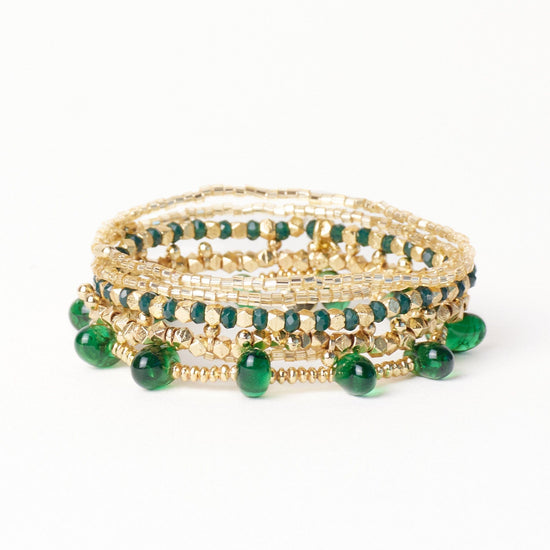 Ella Stack of 6 Stretch Bracelets Green + Gold Bracelet